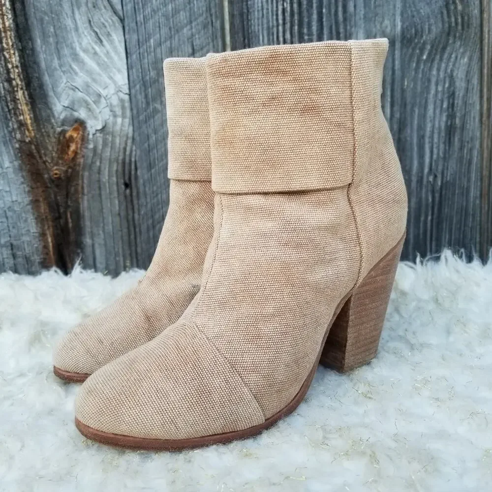Rag & Bone Newbury Ankle Boot Size 7.5 Rear Zip Tan Canvas High Heeled Bootie
